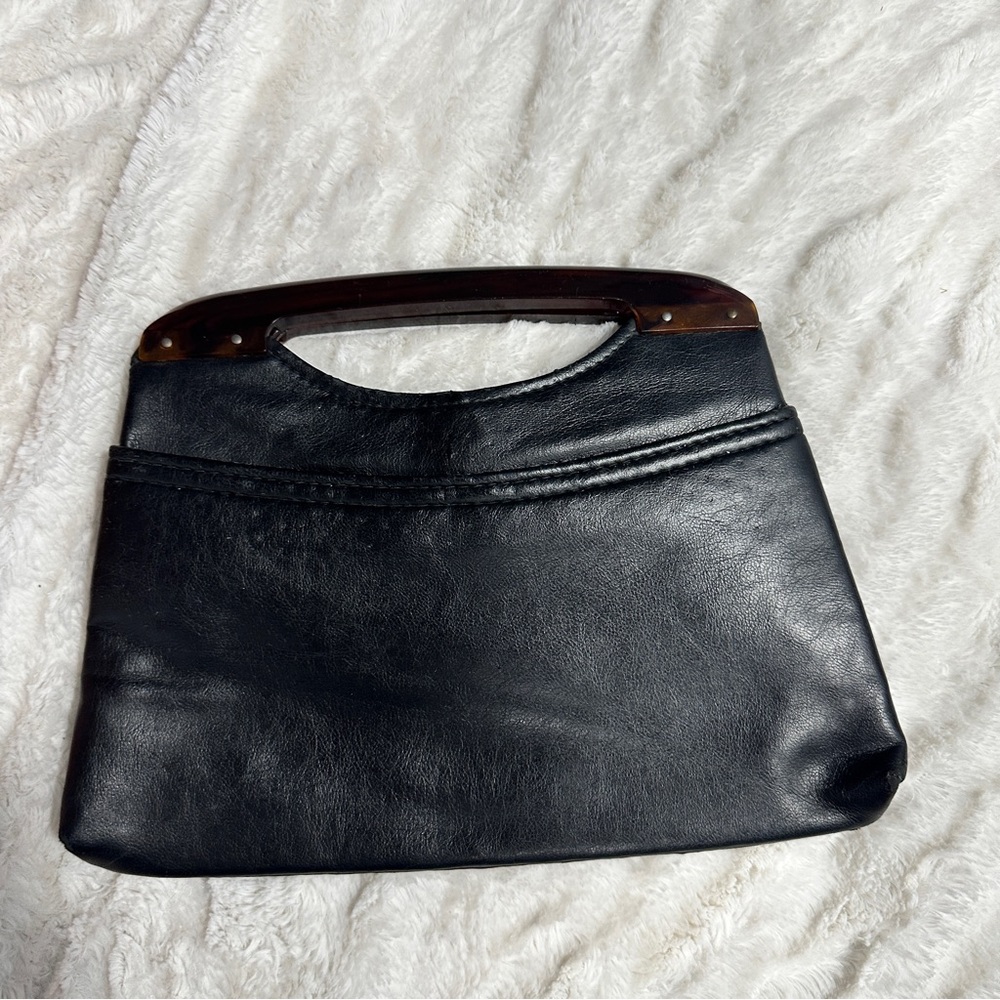 Black leather midcentury 70’s handbag Bakelite top handle Vintage Purse Whimsy - Picture 2 of 16